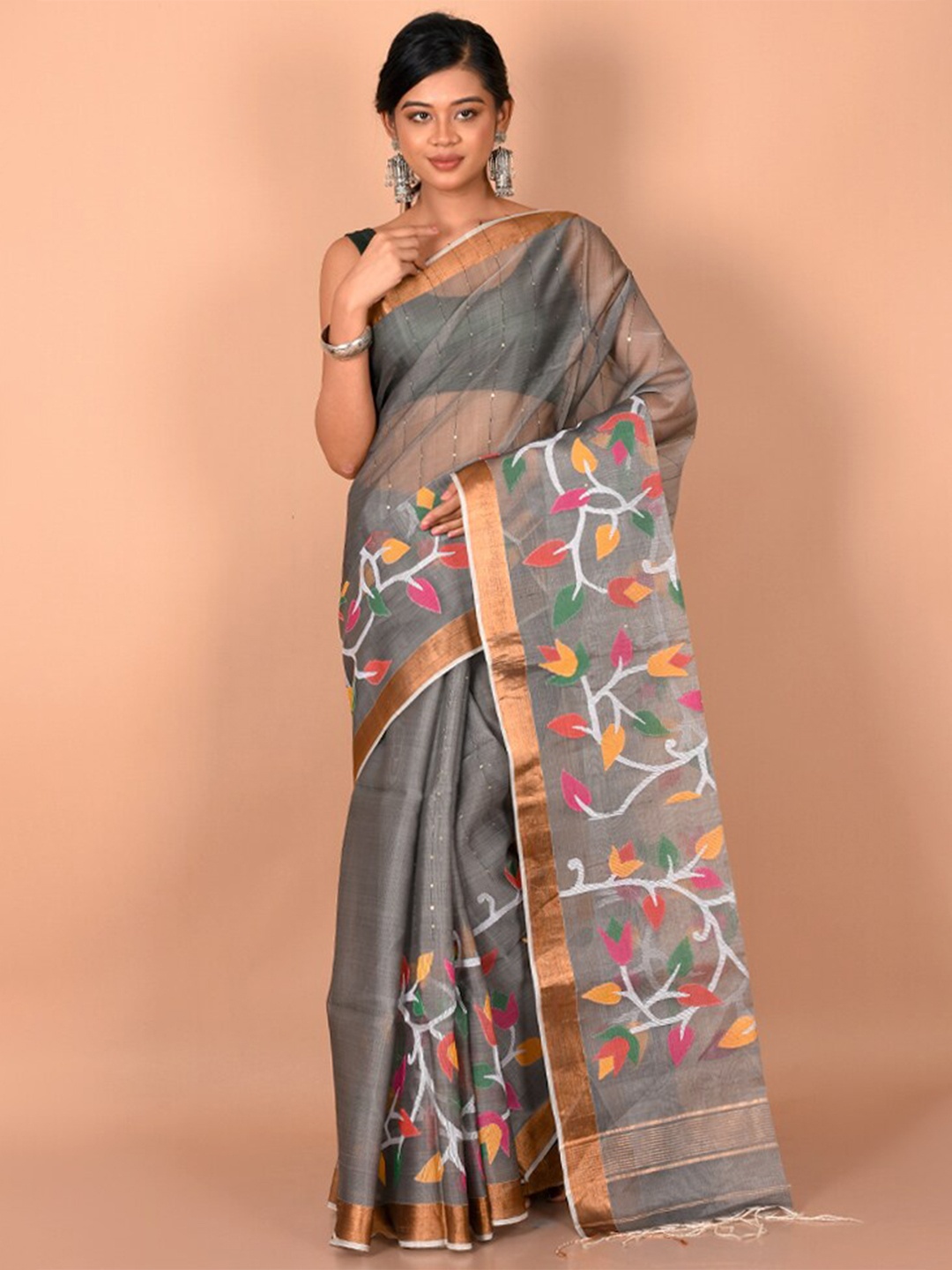 

AllSilks Grey & Copper-Toned Woven Design Zari Saree