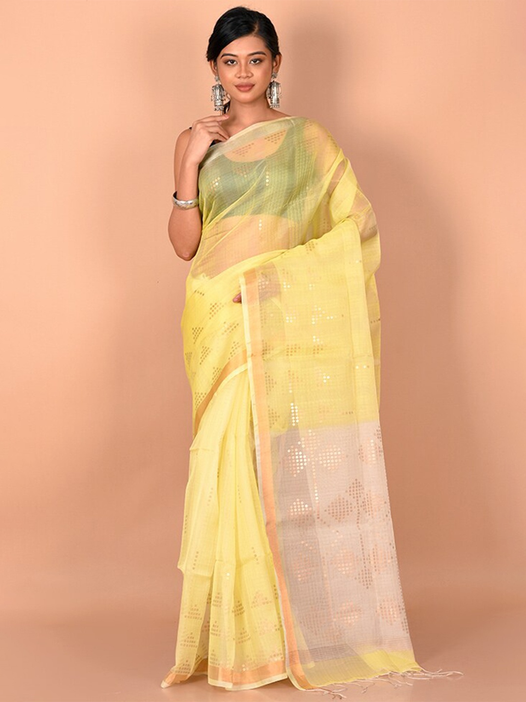 

AllSilks Yellow & Gold-Toned Embellished Zari Saree