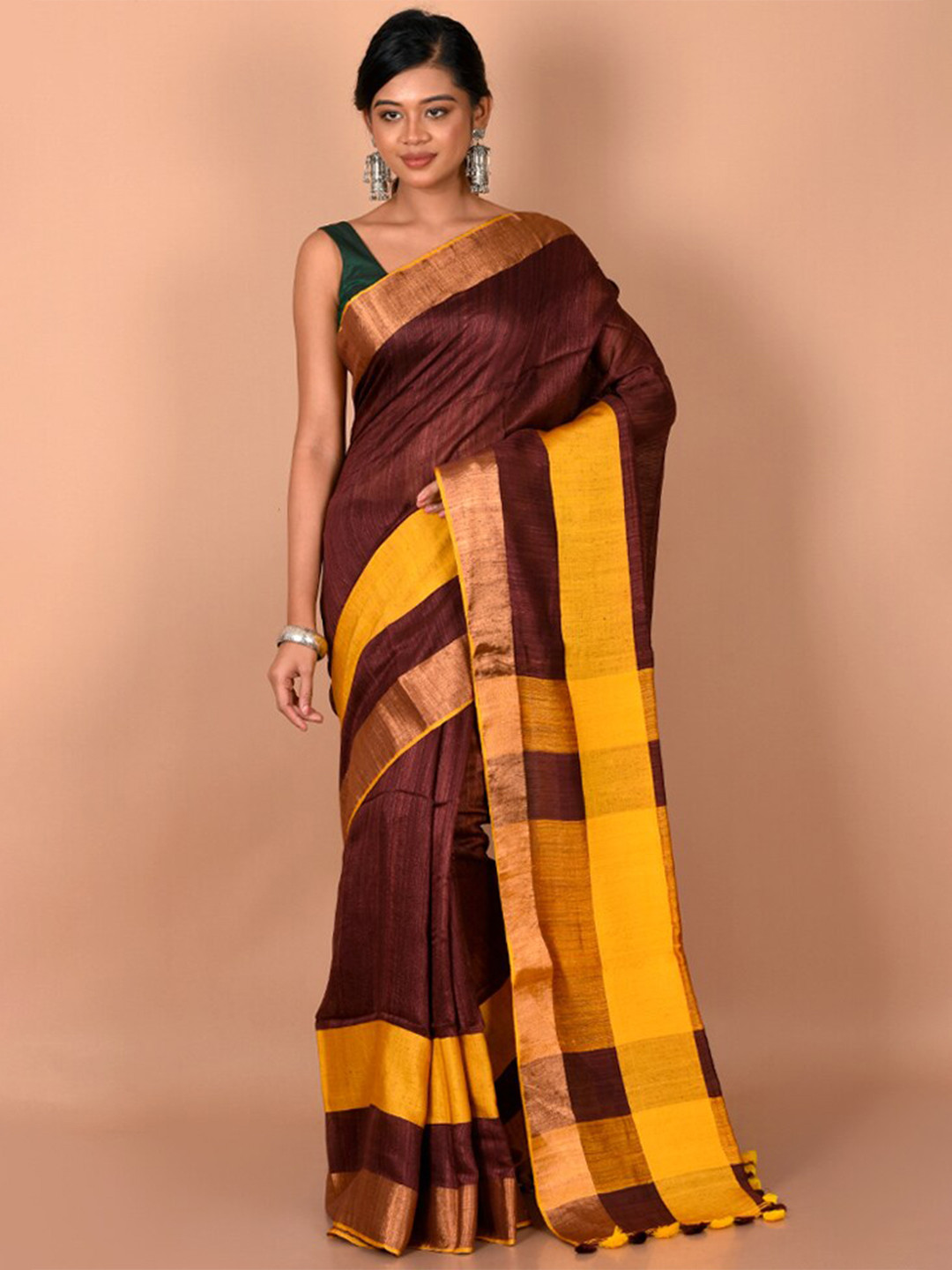 

AllSilks Maroon & Copper-Toned Woven Design Zari Saree