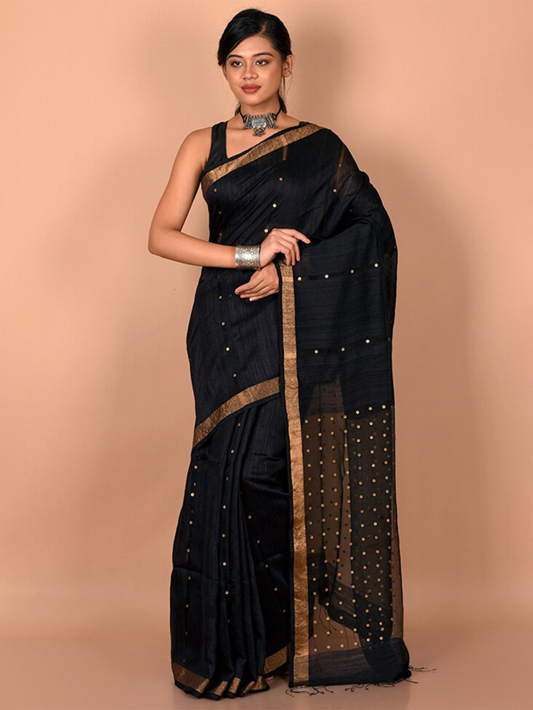 

AllSilks Black & Copper-Toned Woven Design Zari Saree