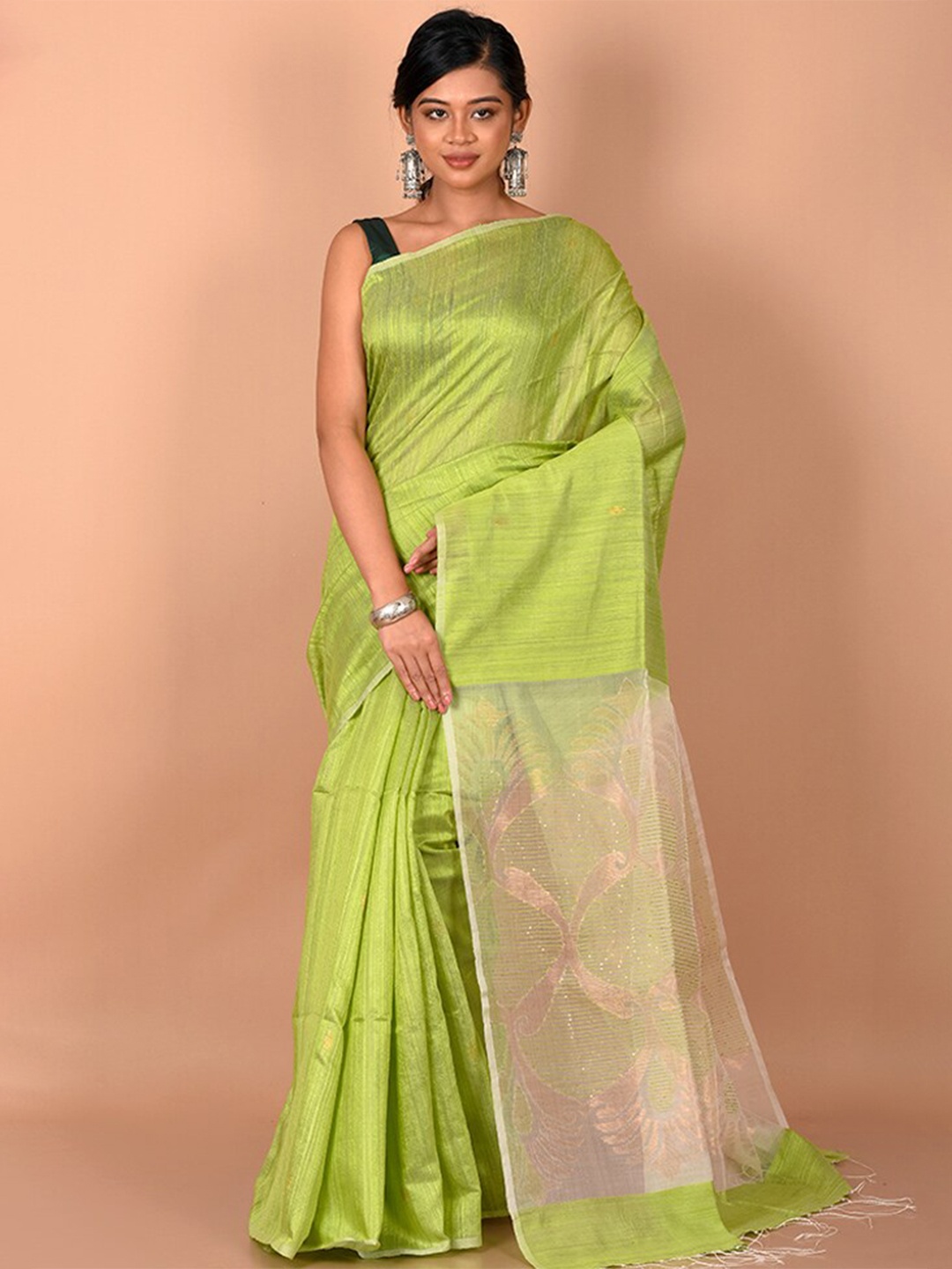 

AllSilks Green & Copper-Toned Woven Design Zari Saree