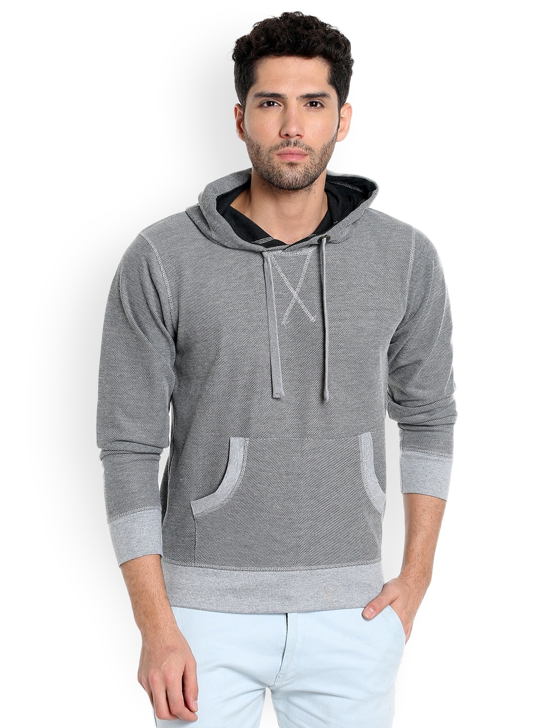 

Campus Sutra Men Grey Solid Hooded Sweatshirt