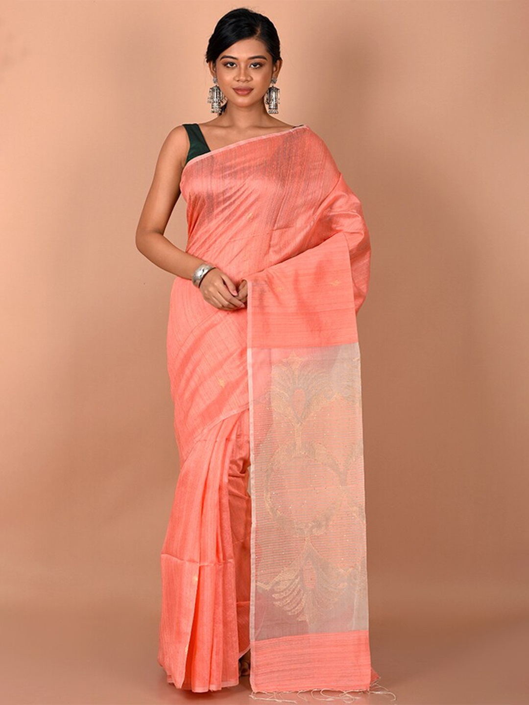 

AllSilks Pink & Gold-Toned Woven Design Zari Saree
