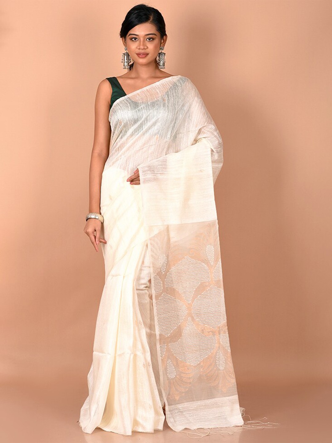 

AllSilks White & Copper-Toned Woven Design Zari Saree
