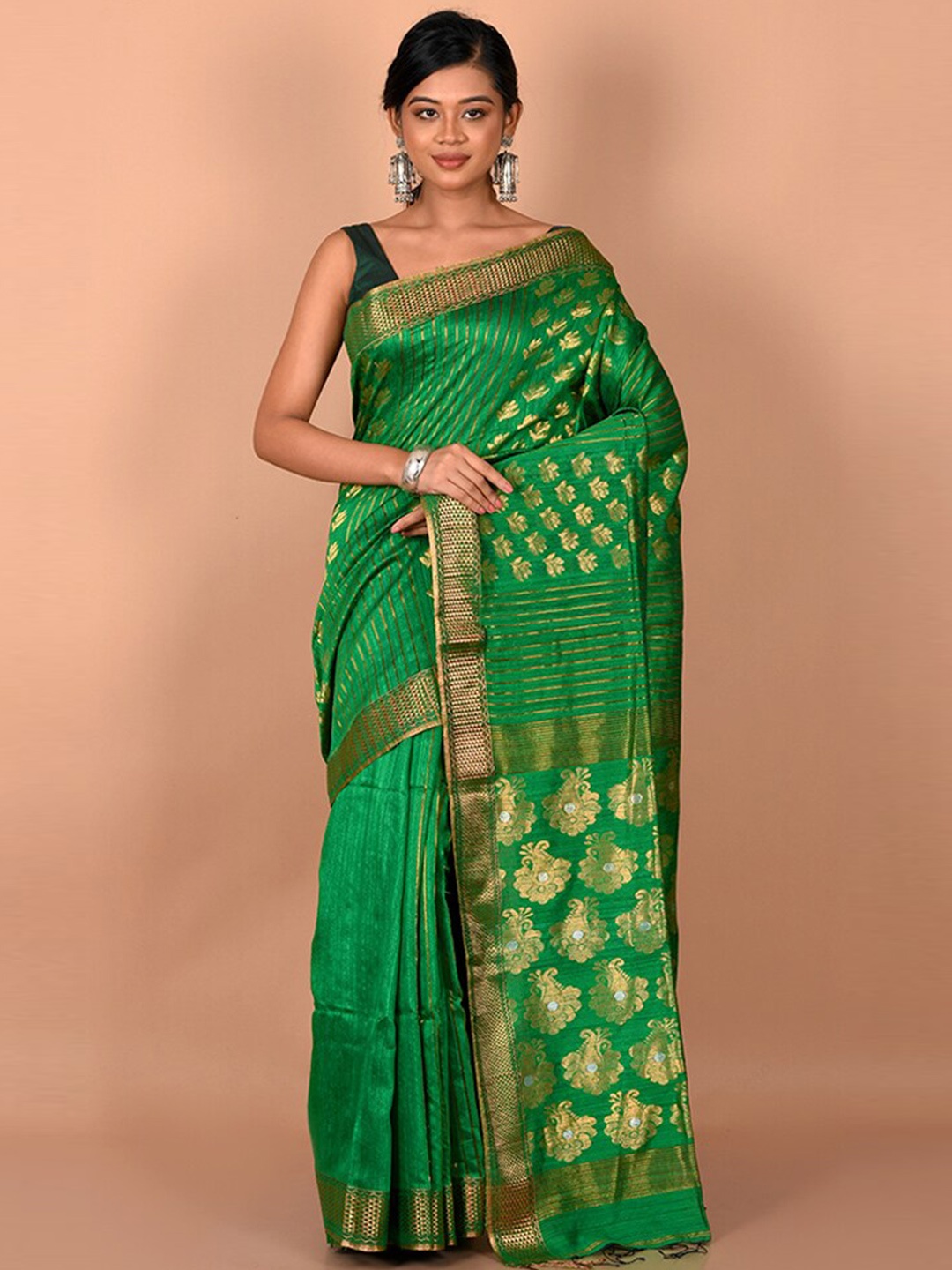 

AllSilks Green & Gold-Toned Woven Design Zari Saree