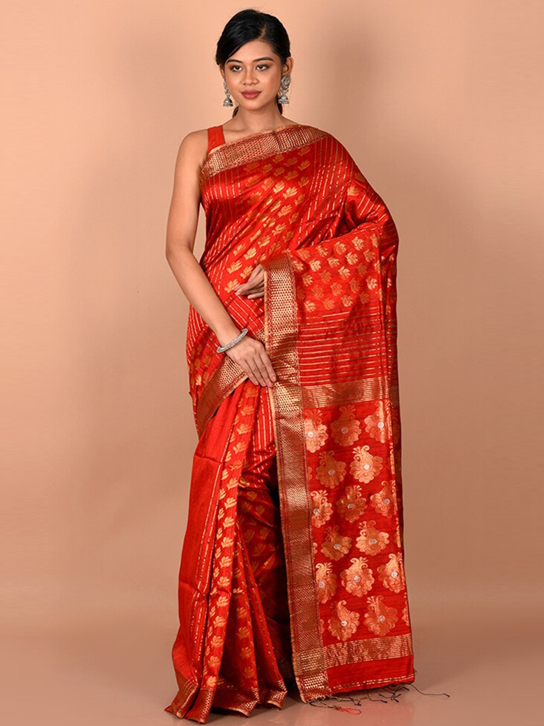 

AllSilks Red & Gold-Toned Woven Design Zari Saree