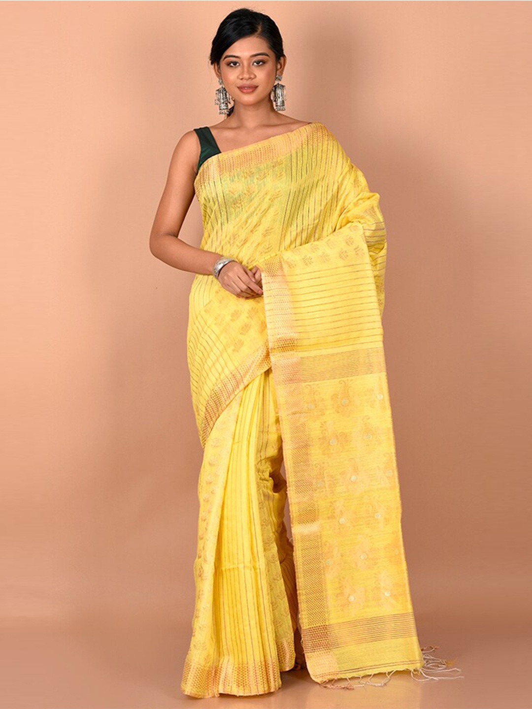 

AllSilks Yellow & Gold-Toned Woven Design Zari Saree