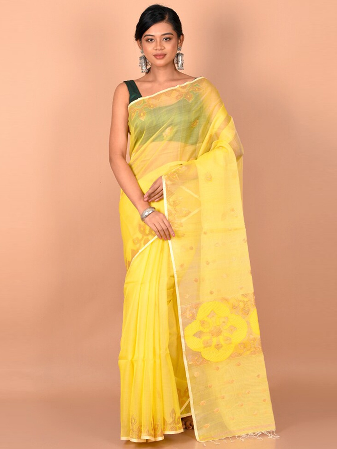 

AllSilks Yellow & Copper-Toned Woven Design Zari Saree