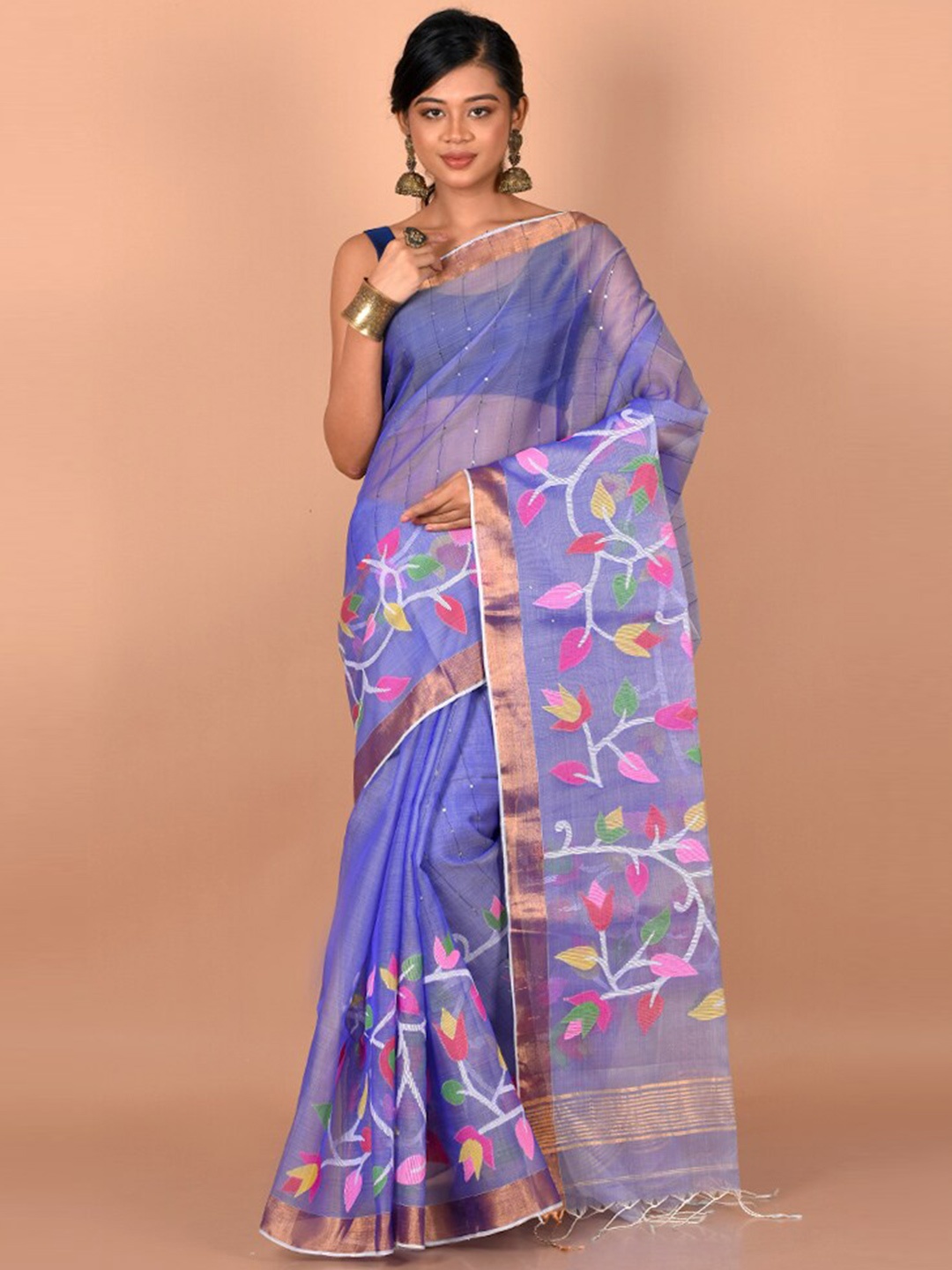 

AllSilks Violet & Pink Floral Zari Saree