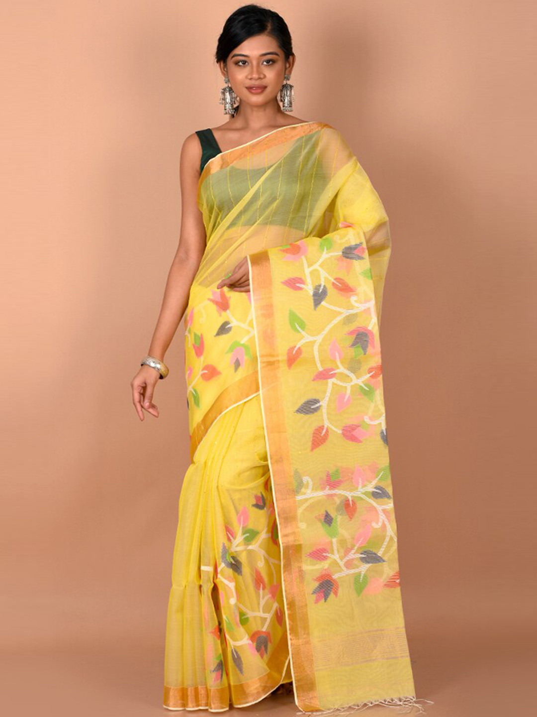 

AllSilks Yellow & Green Woven Design Zari Saree