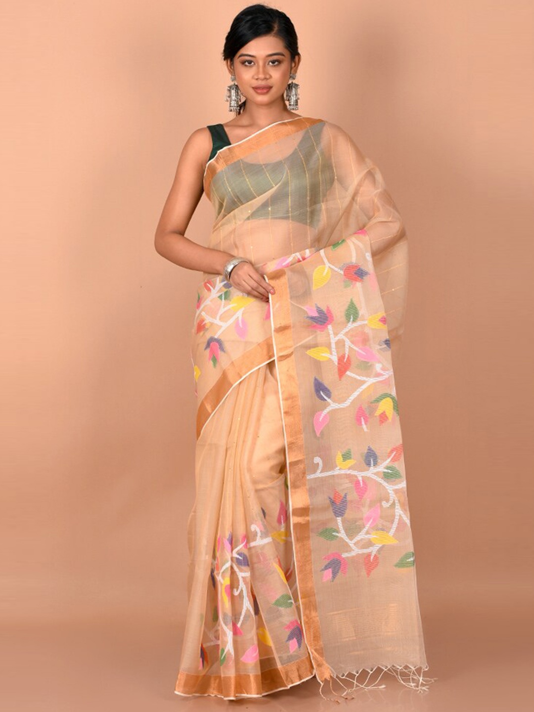 

AllSilks Cream-Coloured & Copper-Toned Floral Zari Saree