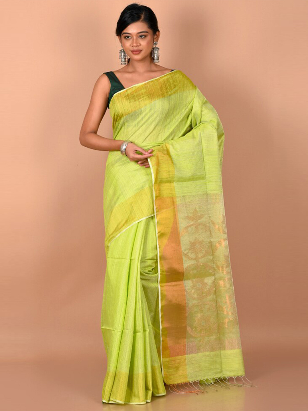 

AllSilks Green & Copper-Toned Woven Design Zari Saree