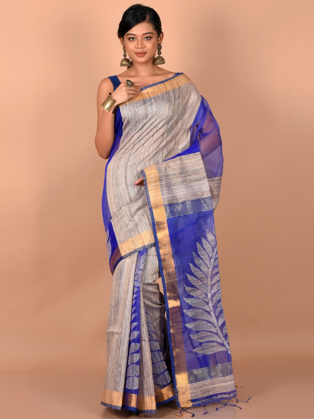 

AllSilks Blue & Grey Woven Design Zari Saree