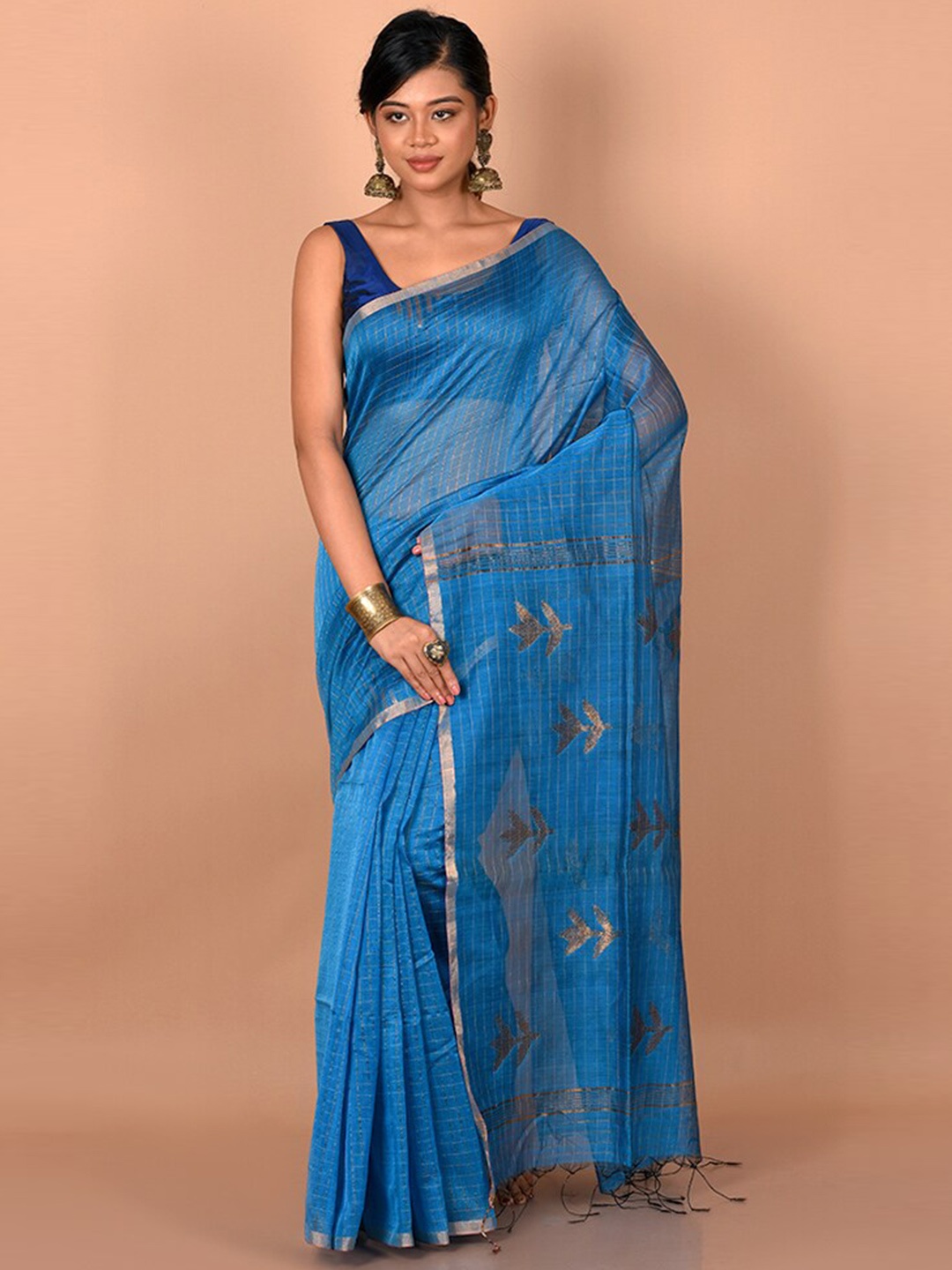 

AllSilks Blue & Gold-Toned Woven Design Zari Saree