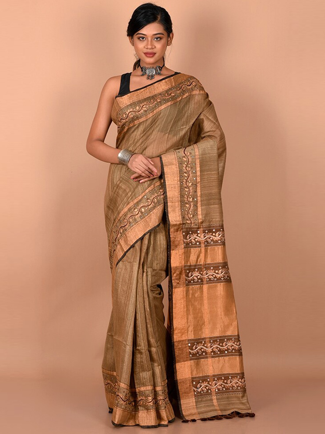 

AllSilks Brown & Copper-Toned Woven Design Zari Saree