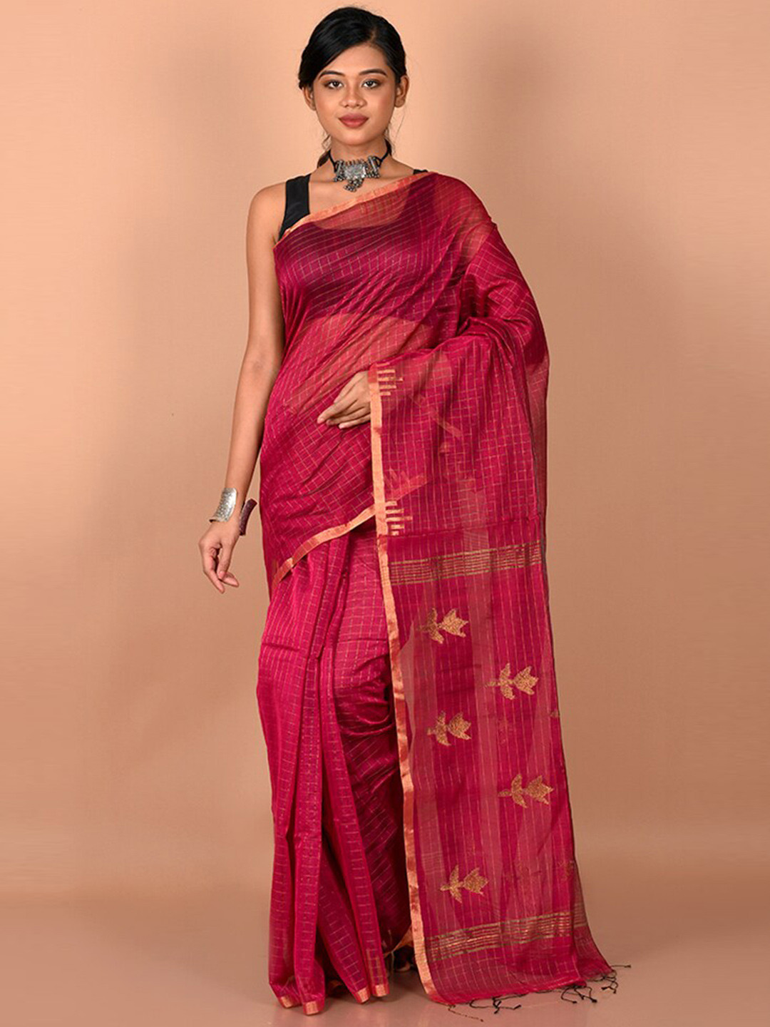 

AllSilks Pink & Gold-Toned Woven Design Zari Saree