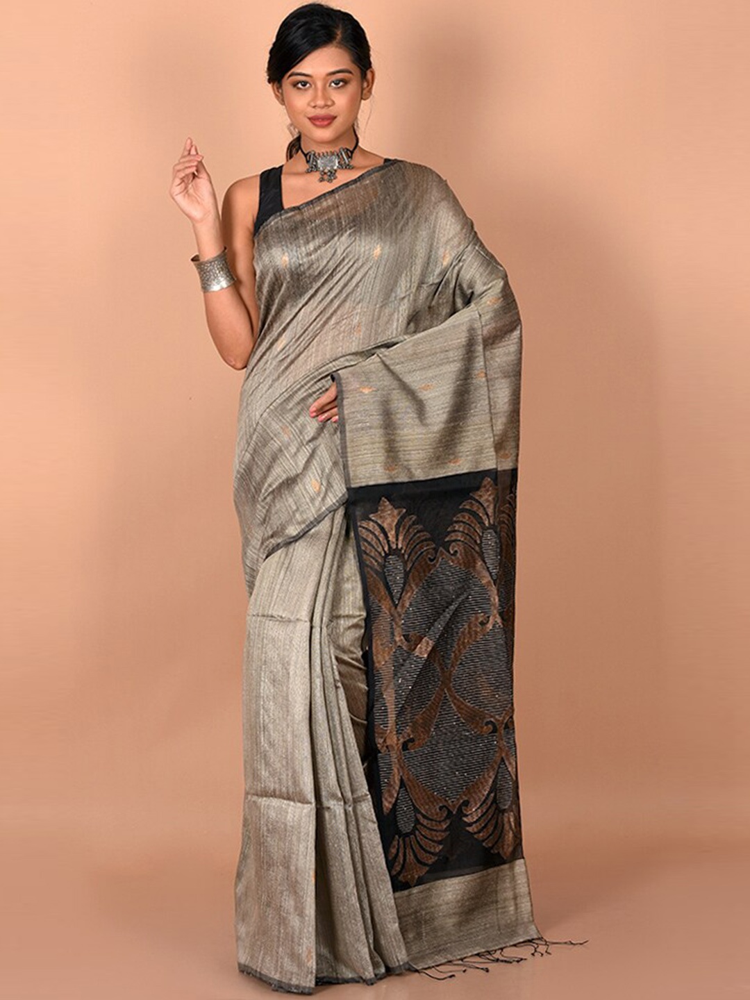 

AllSilks Grey & Black Woven Design Zari Saree
