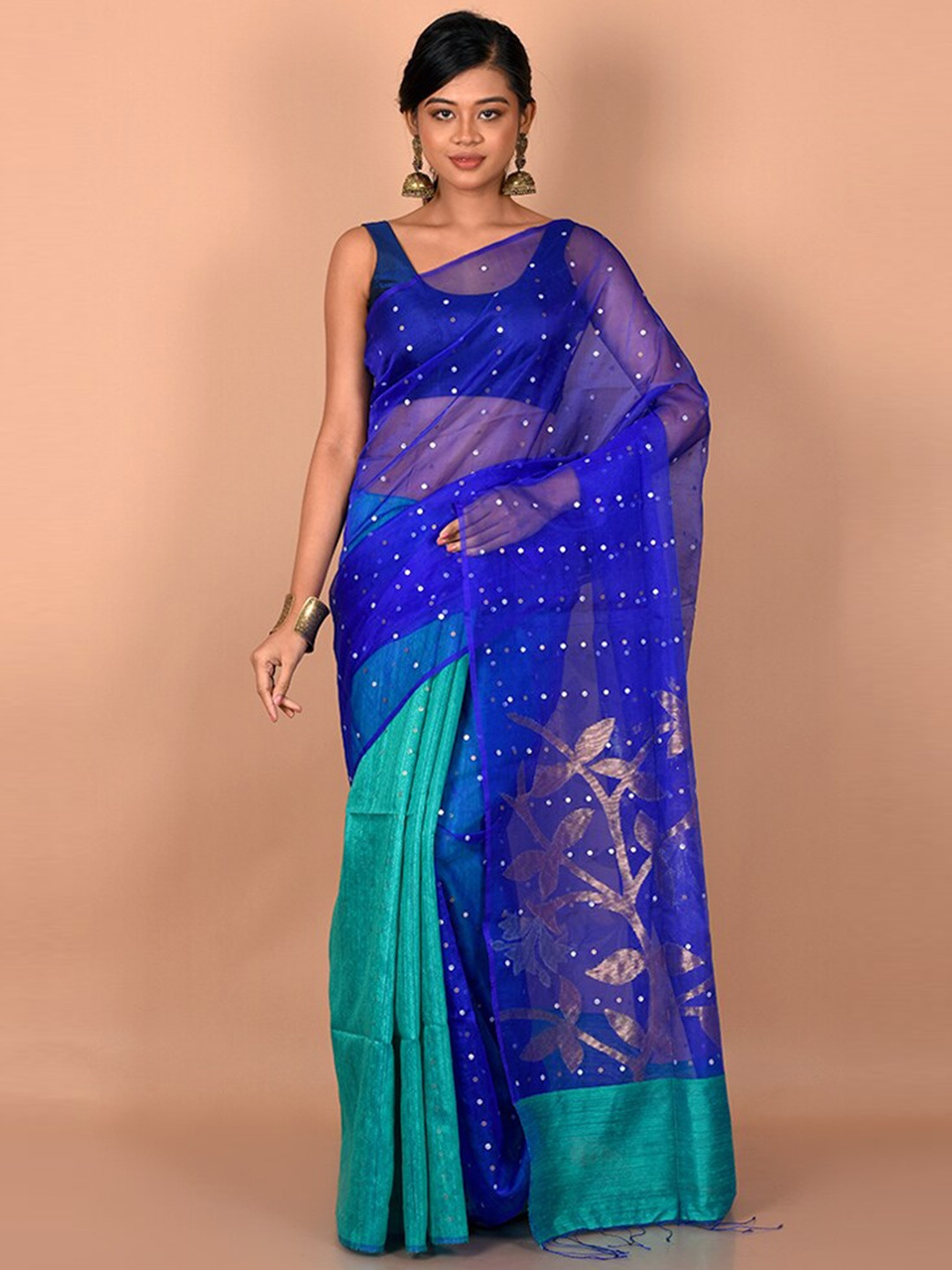 

AllSilks Blue & Green Floral Zari Saree