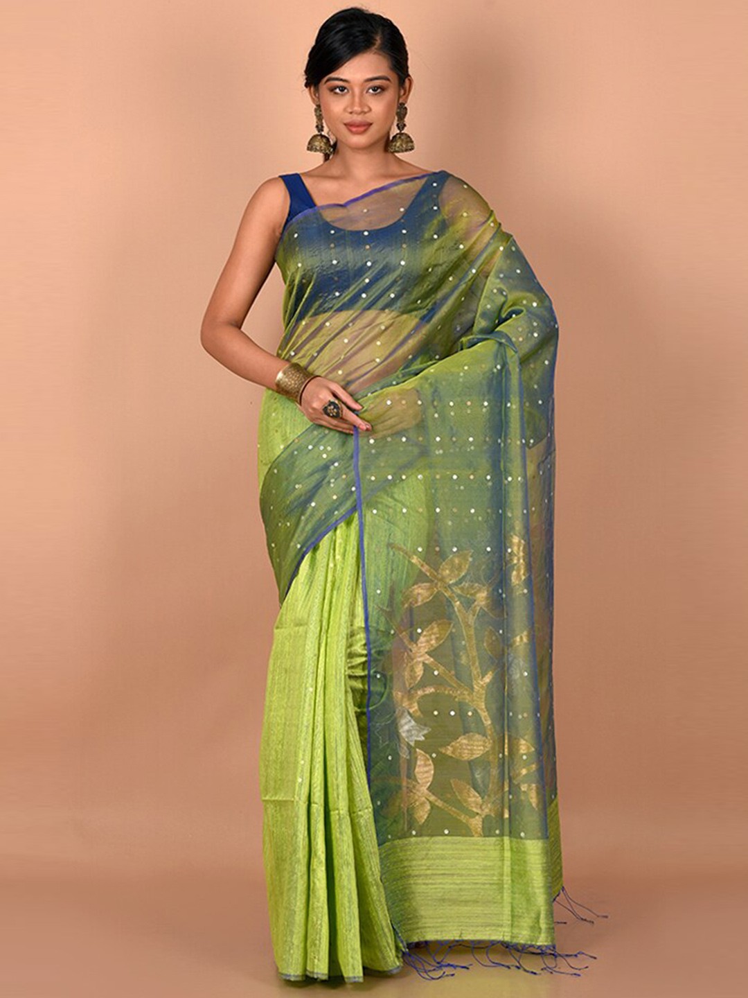 

AllSilks Green & Copper-Toned Woven Design Zari Saree