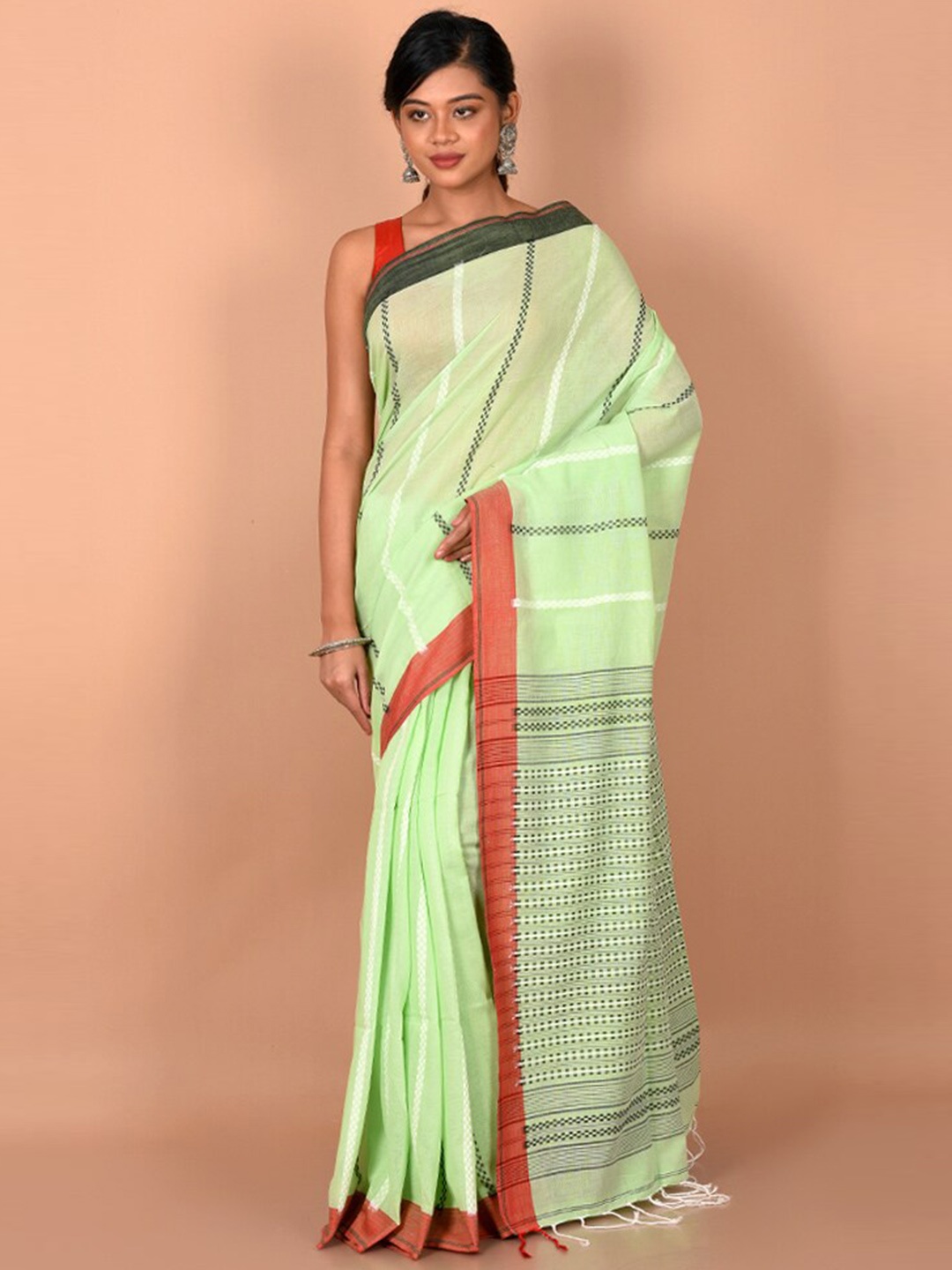 

AllSilks Green & Orange Woven Design Pure Cotton Saree