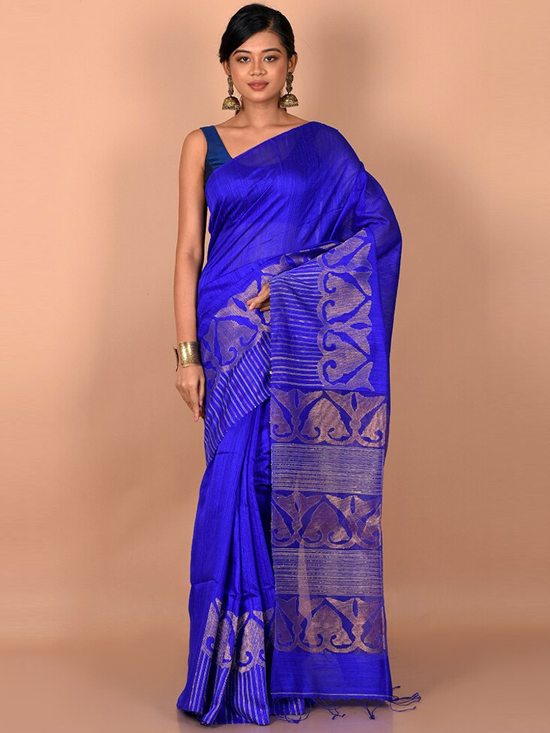 

AllSilks Blue & Gold-Toned Woven Design Saree