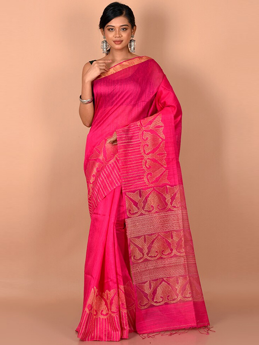 

AllSilks Pink & Gold-Toned Woven Design Zari Saree