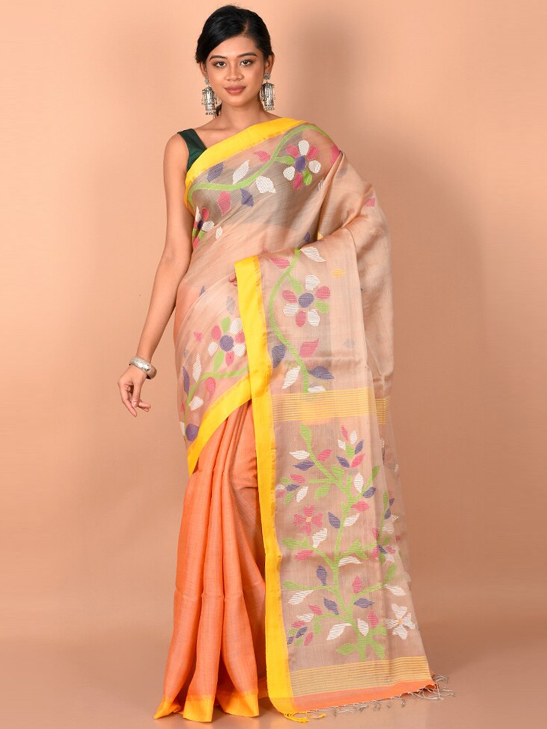 

AllSilks Beige & Peach-Coloured Woven Design Saree