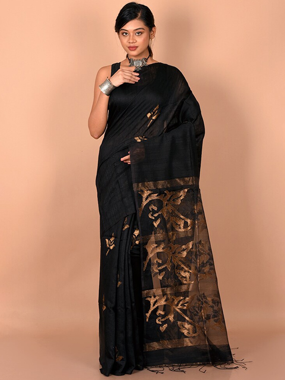 

AllSilks Black & Gold-Toned Woven Design Saree