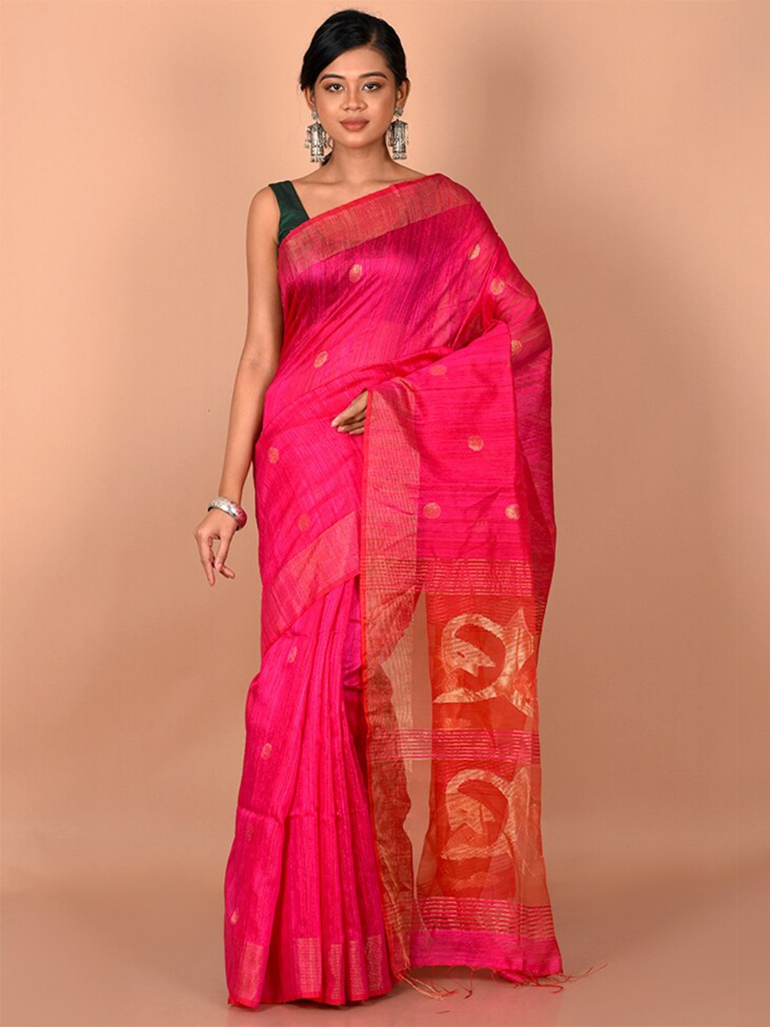 

AllSilks Pink & Gold-Toned Woven Design Zari Saree