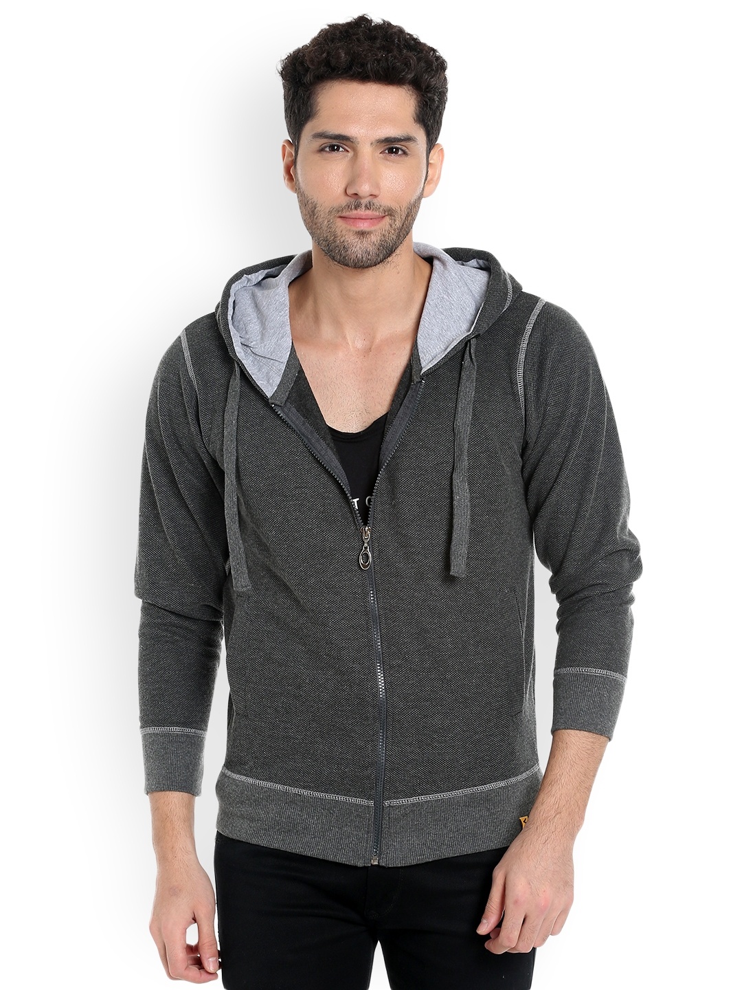 

Campus Sutra Men Charcoal Solid Hooded Sweatshirt