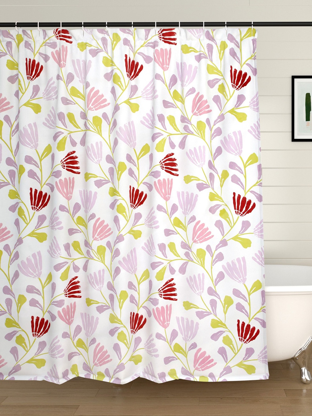 

Home Centre White & Pink Printed Shower Curtain