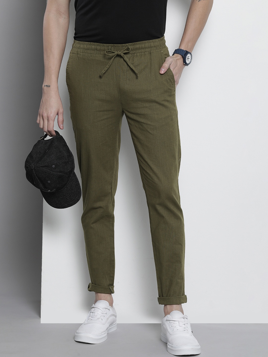 

The Indian Garage Co Men Slim Fit Pure Cotton Trousers, Olive
