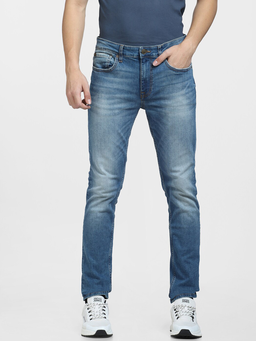 

Jack & Jones Men Skinny Fit Low-Rise Slash Knee Heavy Fade Jeans, Blue