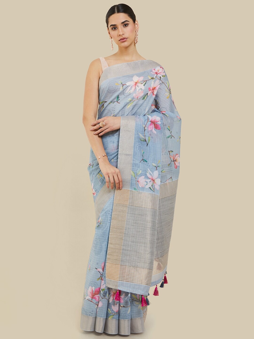 

Soch Floral Printed Zari Saree, Blue