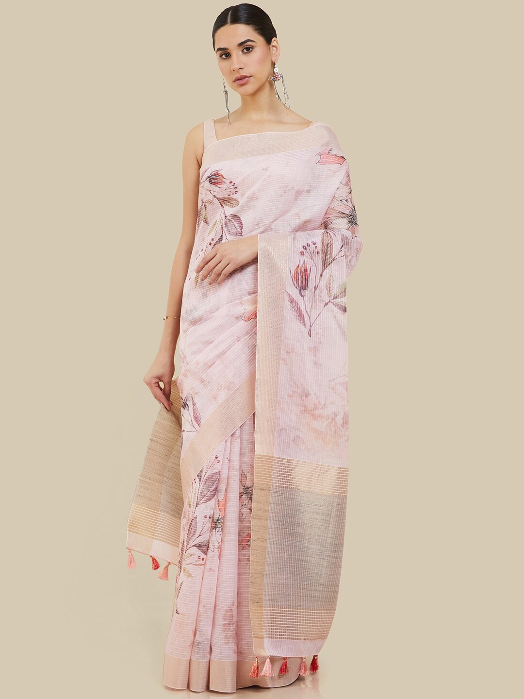 

Soch Floral Printed Zari Saree, Pink