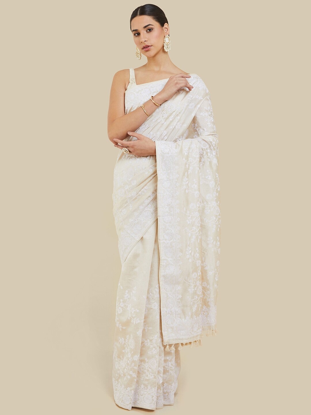 

Soch Floral Embroidered Tussar Saree, Cream