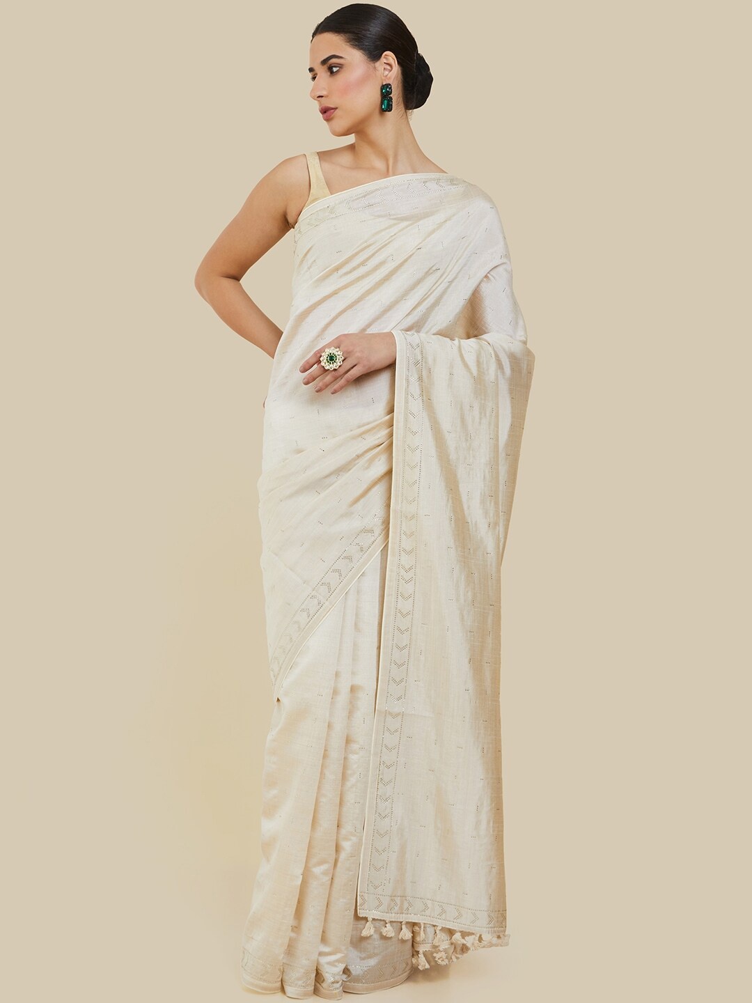 

Soch Embellished Silk Blend Tussar Saree, Cream