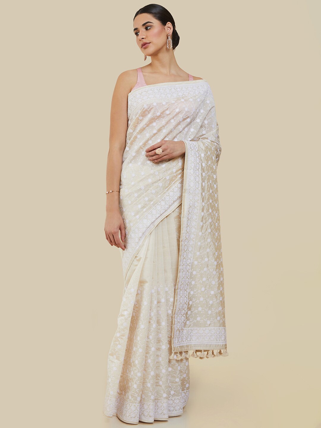 

Soch Floral Embroidered Silk Blend Tussar Saree, Cream