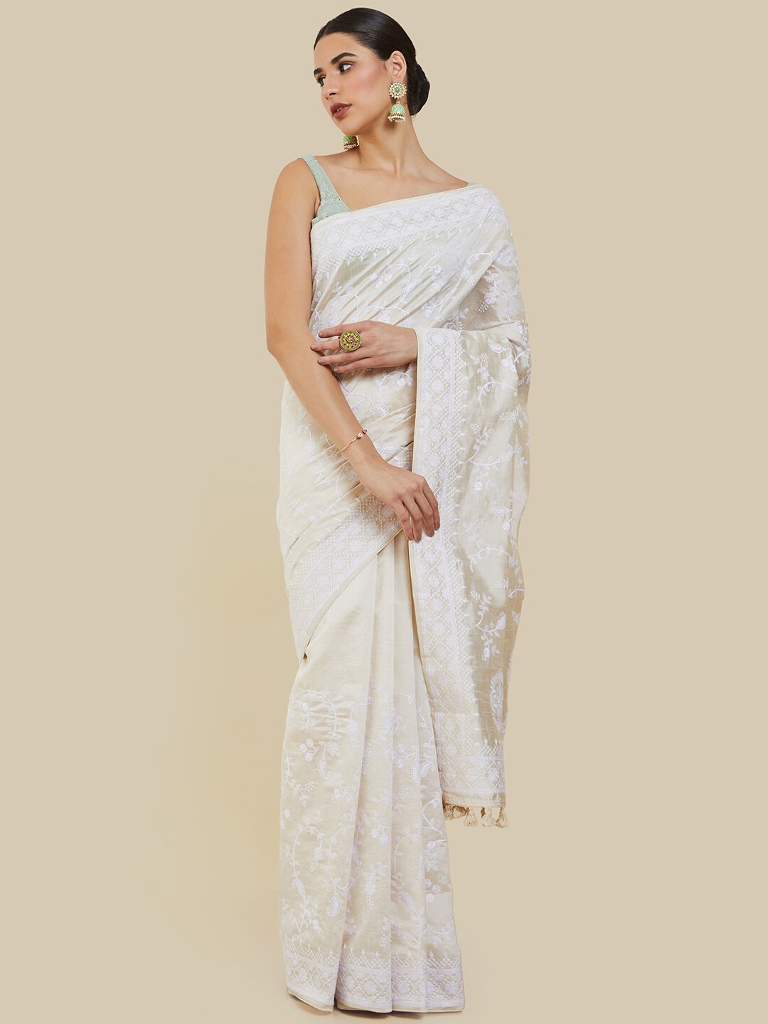 

Soch Floral Embroidered Silk Blend Tussar Saree, Cream