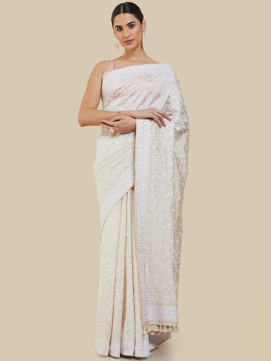 

Soch Floral Embroidered Silk Blend Tussar Saree, Cream