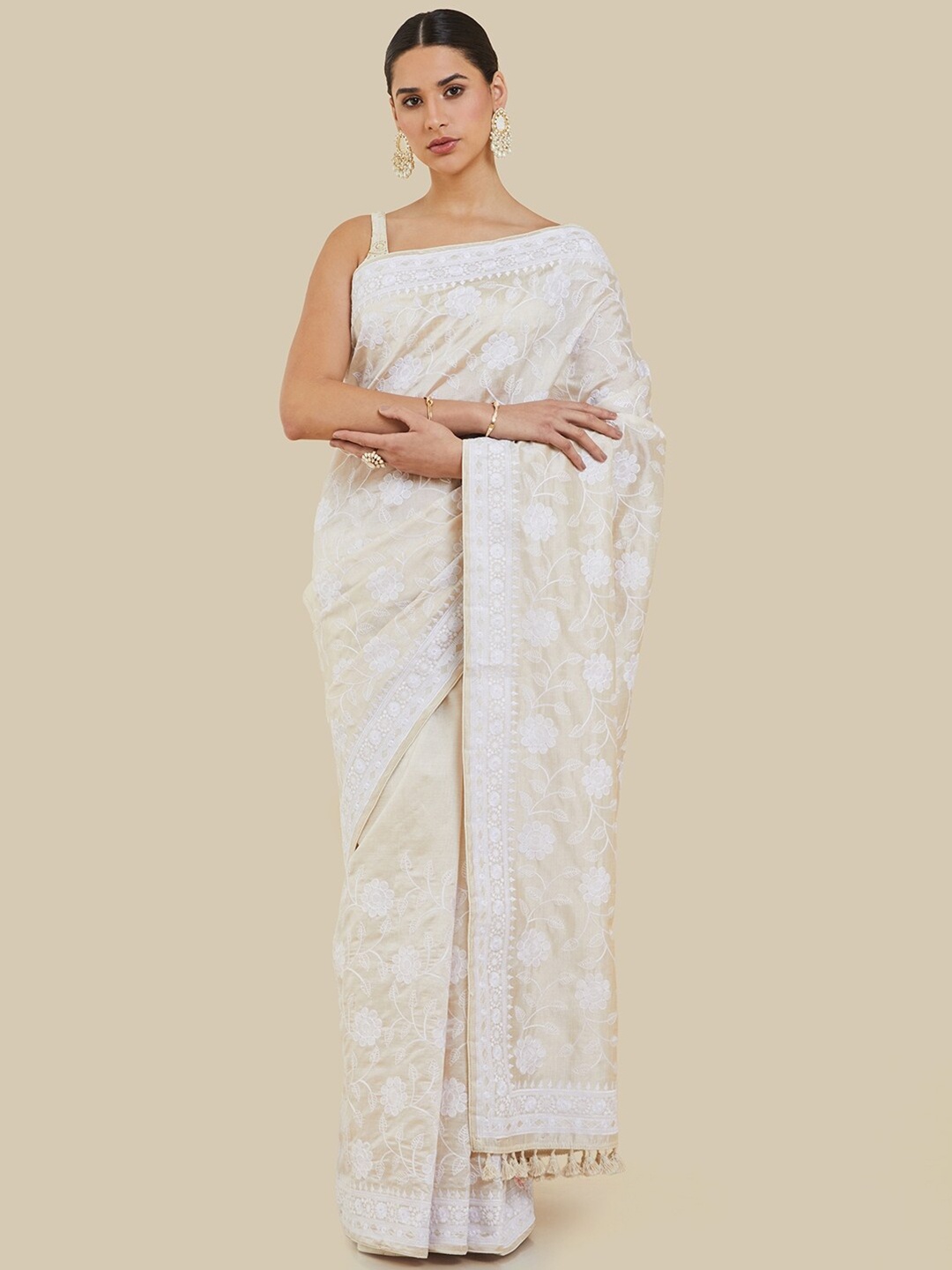 

Soch Floral Embroidered Silk Blend Tussar Saree, Cream