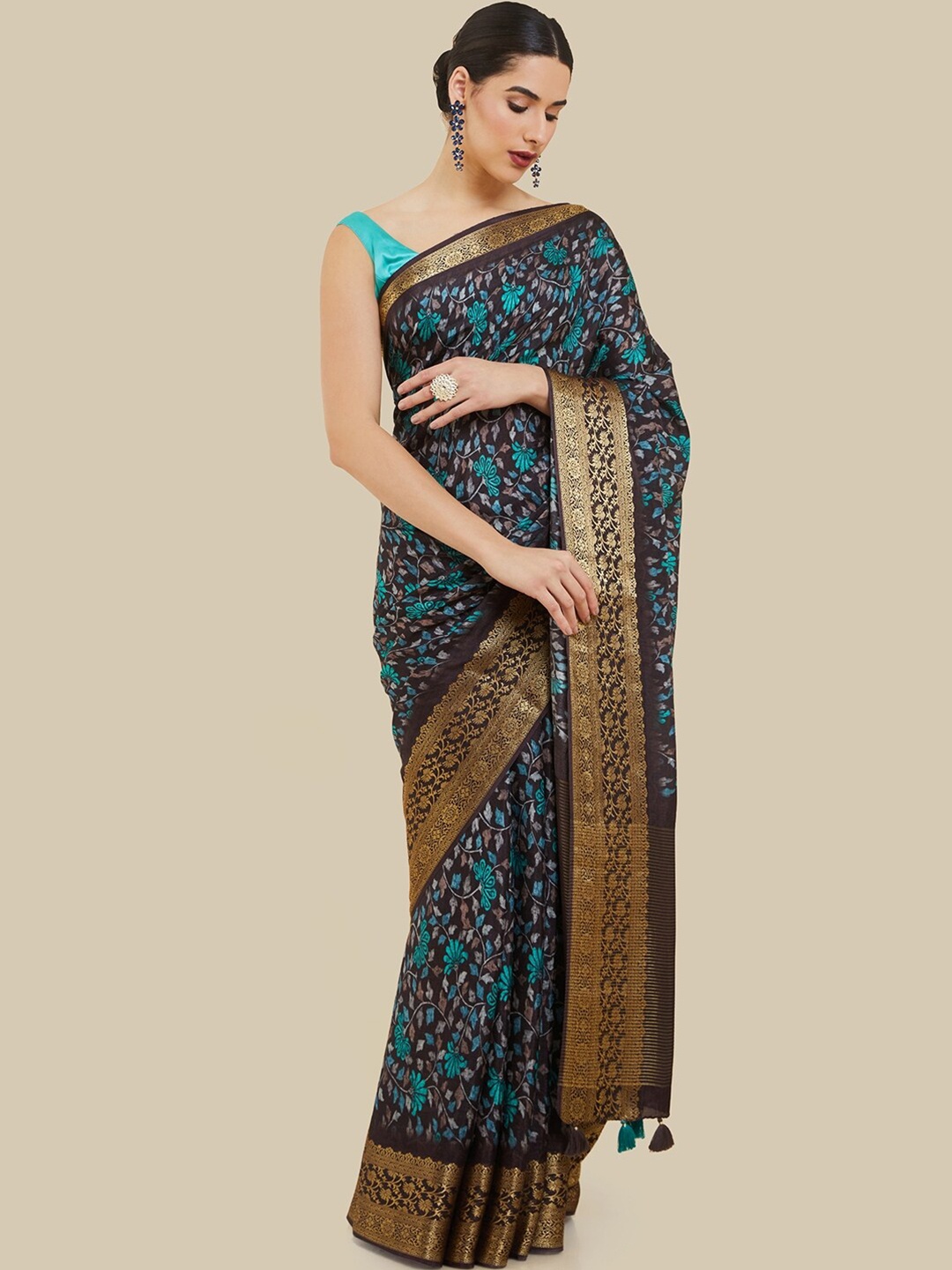 

Soch Floral Silk Blend Tussar Saree, Brown