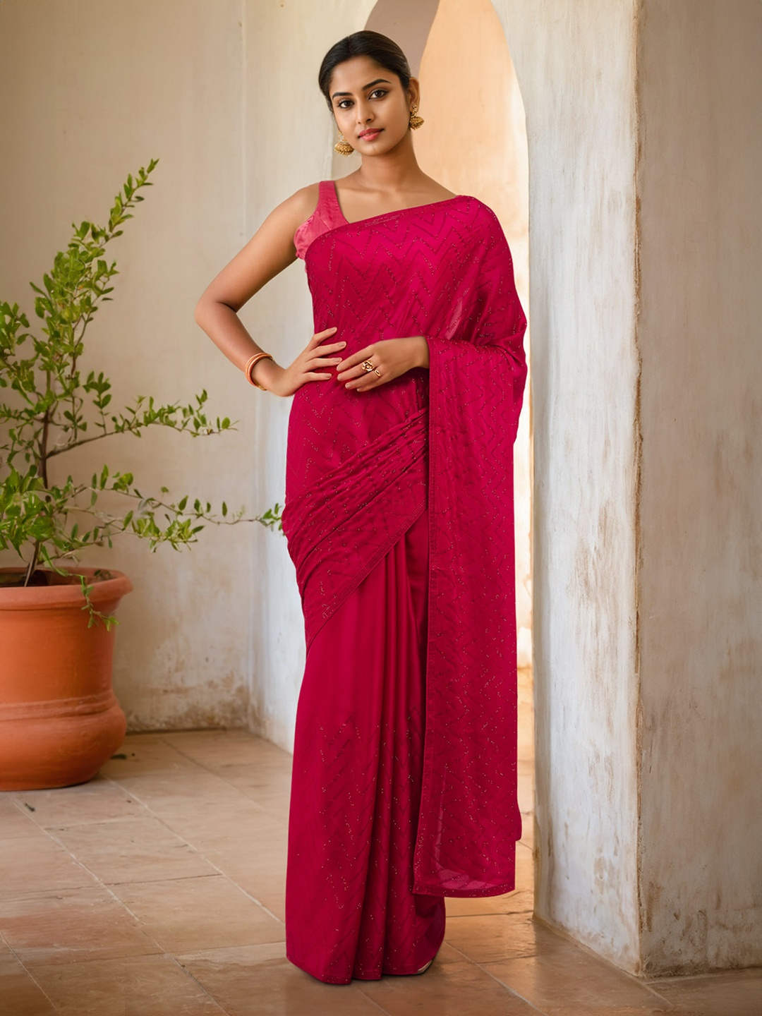 

Soch Embellished Beads and Stones Silk Blend Saree, Fuchsia