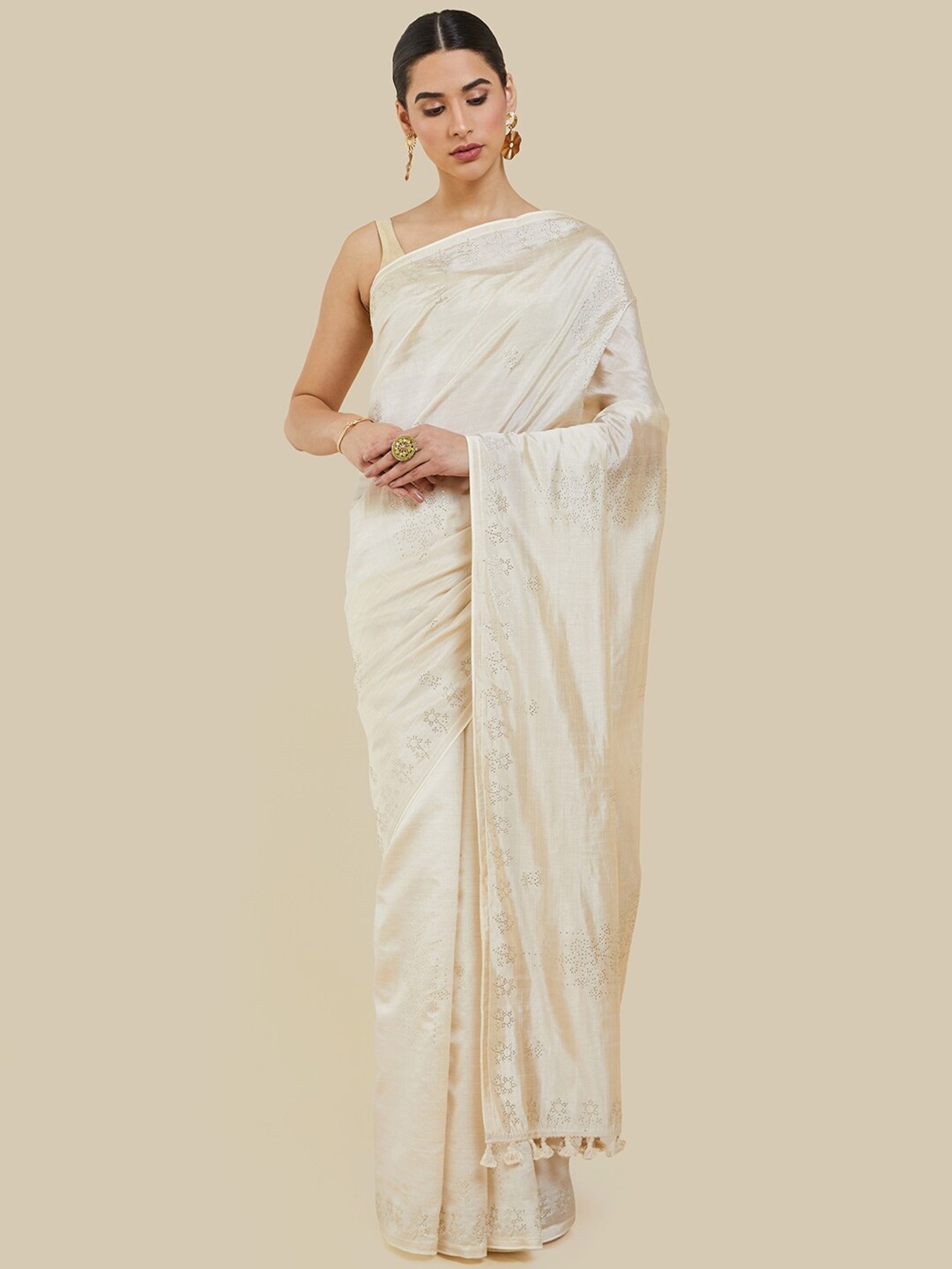 

Soch Embellished Beads and Stones Silk Blend Tussar Saree, Cream