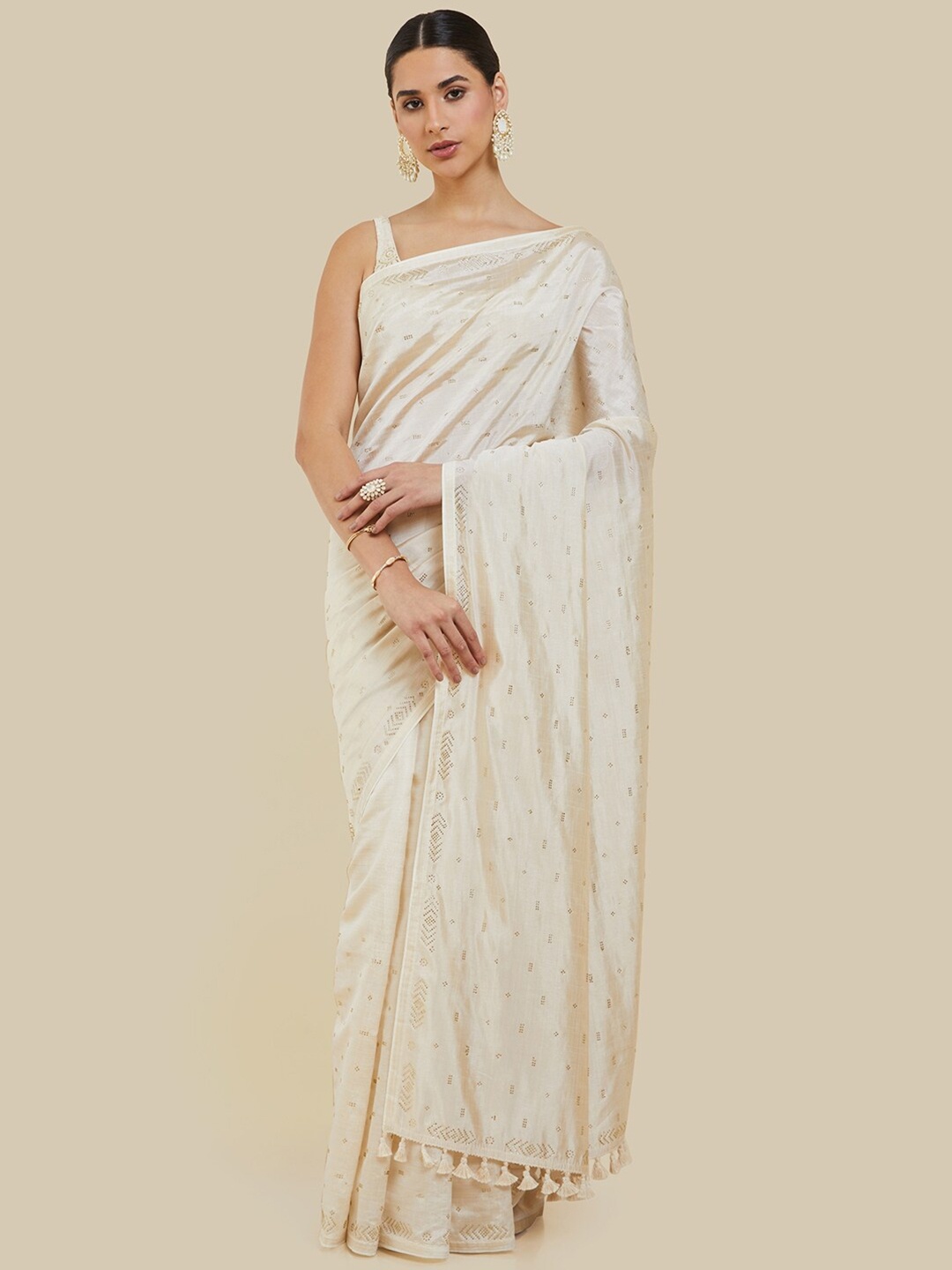 

Soch Embellished Silk Blend Tussar Saree, Cream