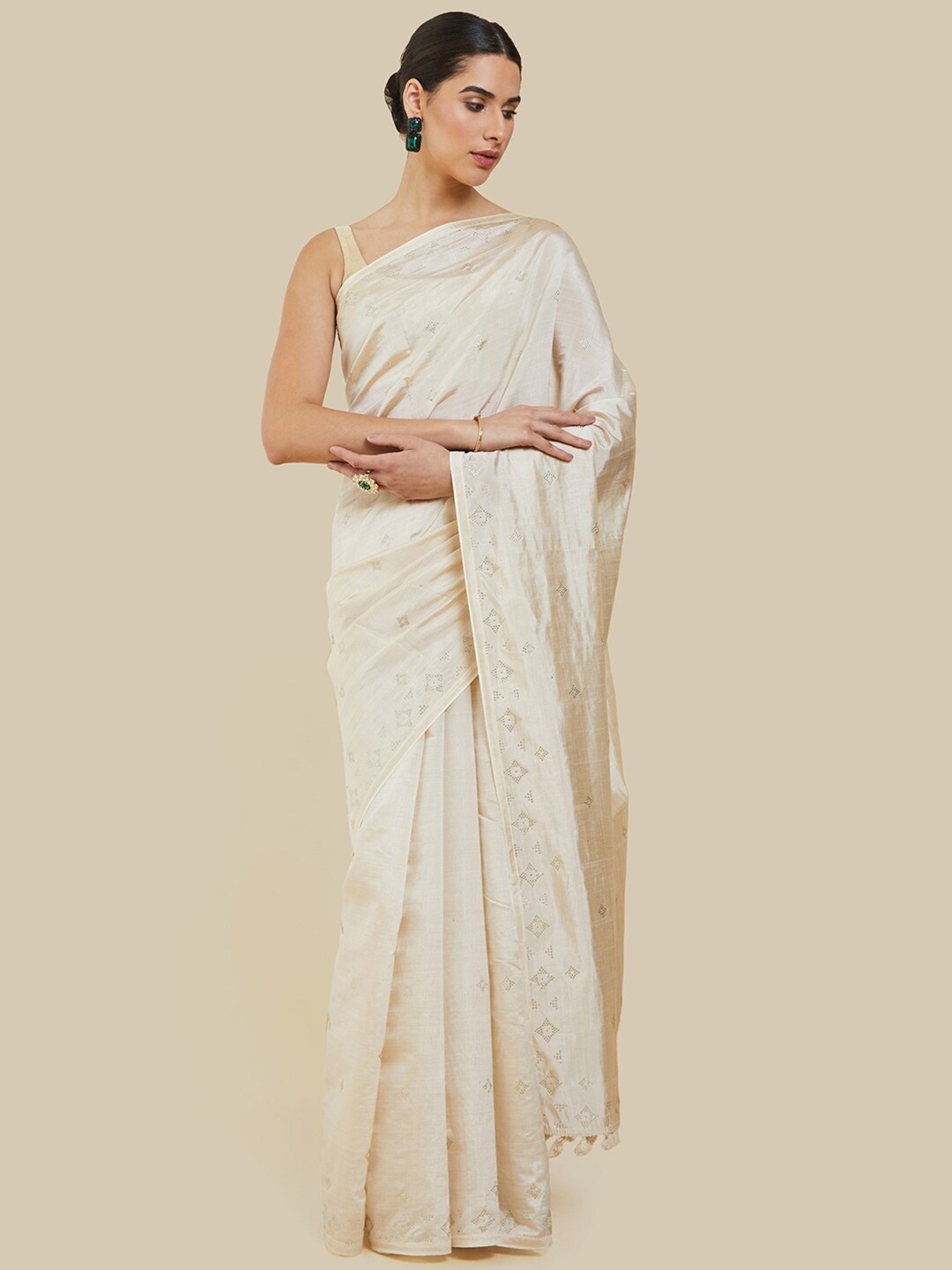 

Soch Embellished Silk Blend Tussar Saree, Cream