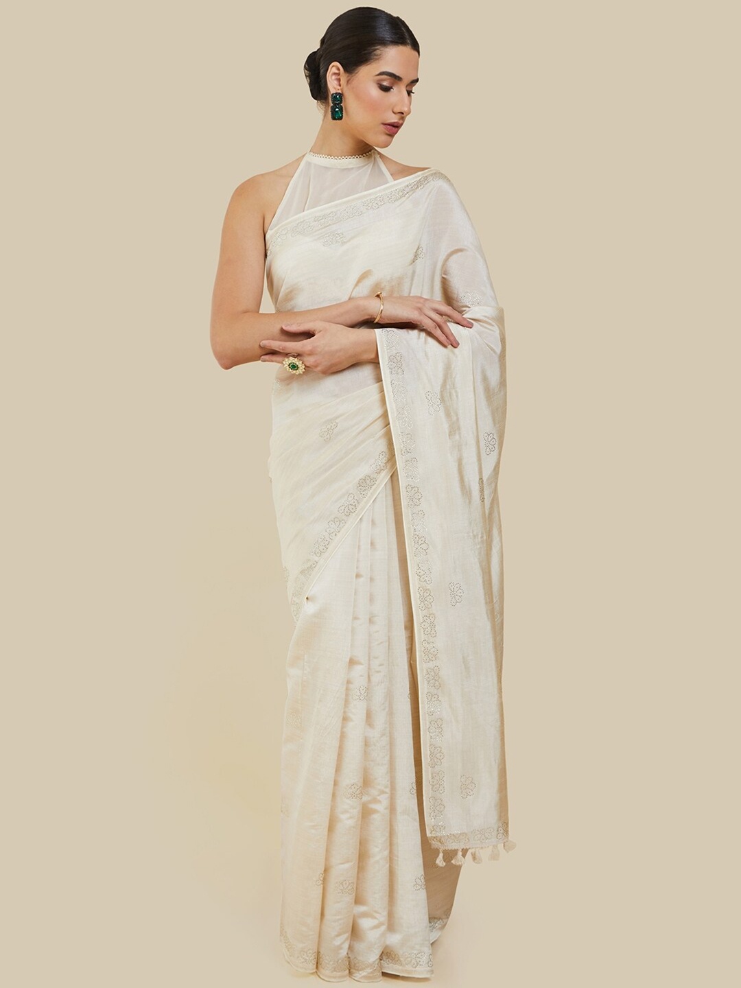 

Soch Embellished Silk Blend Tussar Saree, Cream