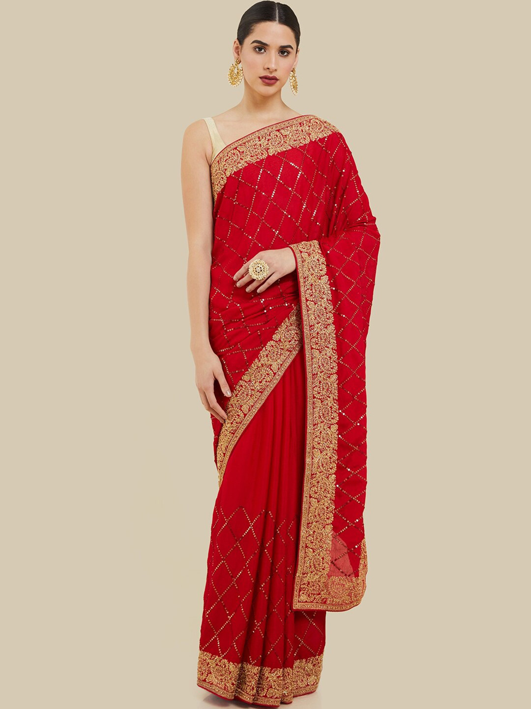 

Soch Embroidered Silk Blend Saree, Red