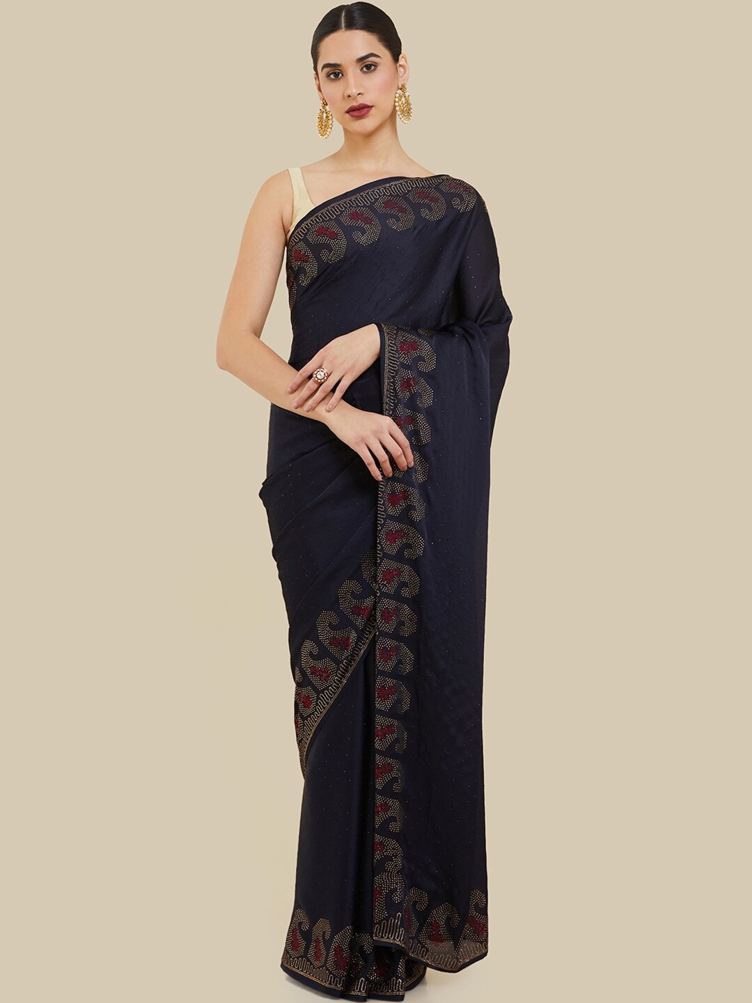 

Soch Paisley Beads and Stones Silk Blend Saree, Navy blue