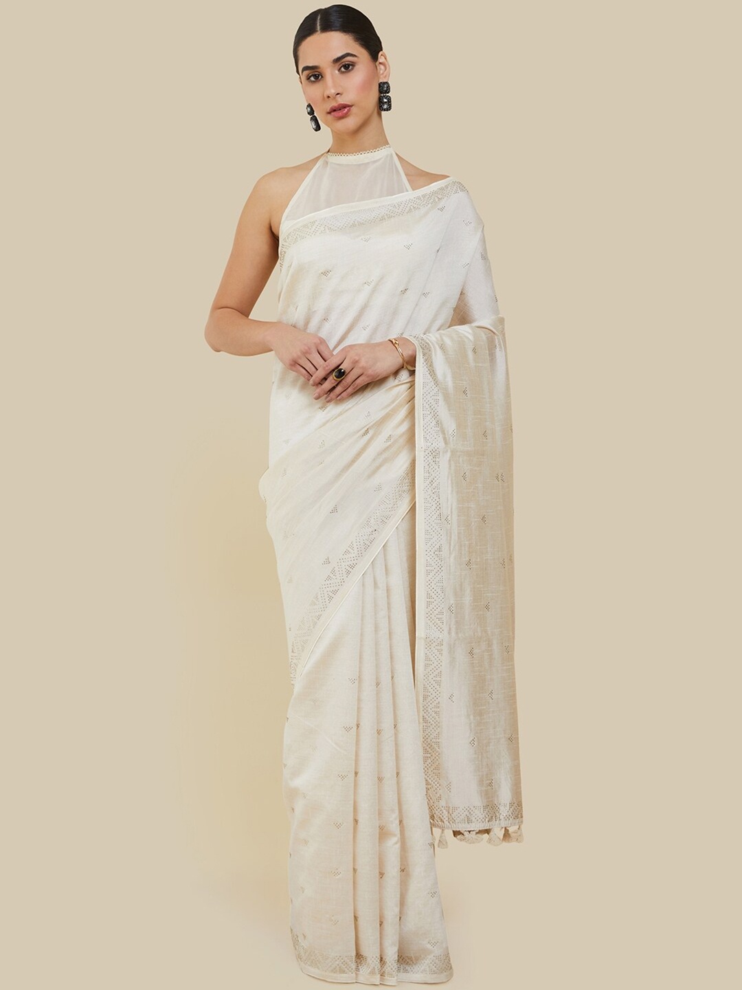 

Soch Embellished Beads and Stones Silk Blend Tussar Saree, Cream